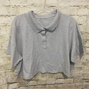 Aerie Offline Gray Short Sleeve Cropped Polo Shirt Raw Hem Distressed